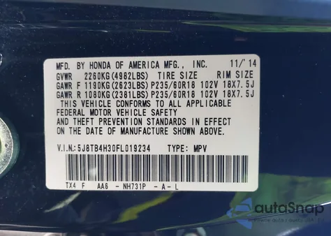 2015 Acura Rdx из США, поврежденный, VIN 5J8TB4H30FL019234